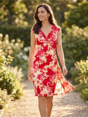 Lauren Ralph Lauren Red Floral Wrap Dress Stretch V-Neck Size 12